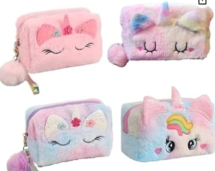 Estojo De Pelúcia Unicórnio Fofo Necessaire Bolsinha Maquiagem Papelaria Criativa